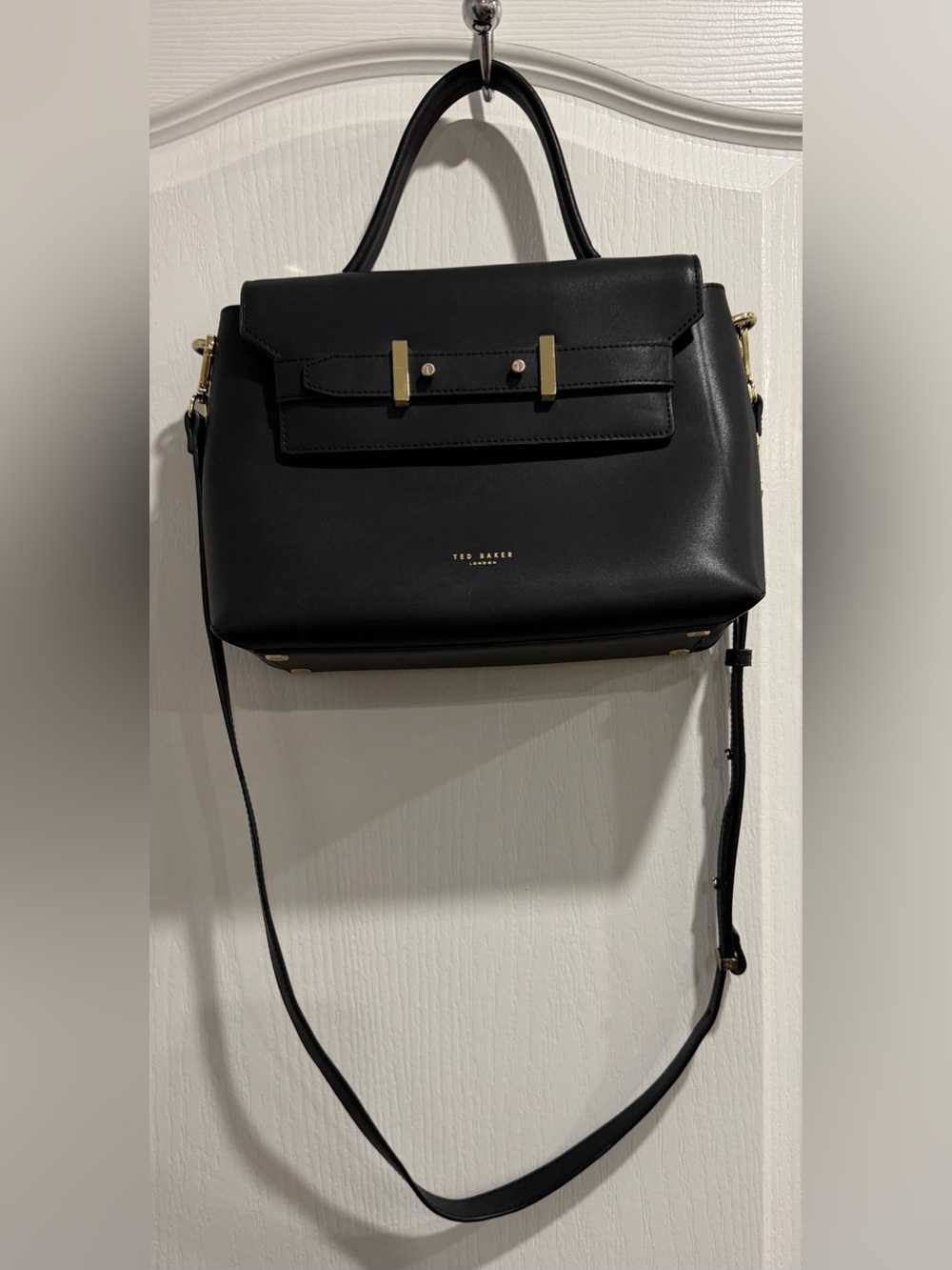 Ted Baker Black Leather Top-Handle Crossbody Bag with Gold Hardware